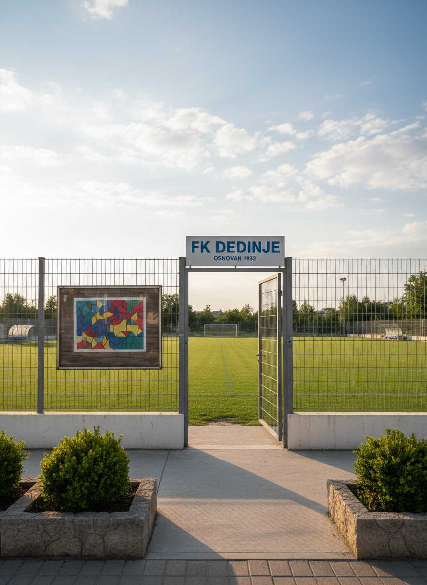 A vibrant photographic scene of a small local stadium entrance in Dedinje, serving as the home of FK Dedinje, captured from an eye-level frontal angle. A simple, modern metal gate and fence frame the view into the pitch, where green grass and distant goals are visible. Beside the gate, a notice board displays colorful, abstract shapes suggesting schedules and results without readable text, symbolizing upcoming matches and recent victories. Warm late-morning sunlight casts gentle shadows along the concrete walkway and low surrounding walls, while a few planted shrubs add fresh green accents. The atmosphere is welcoming and community-focused, emphasizing the role of a neighborhood football club in Savski Venac, Belgrade.