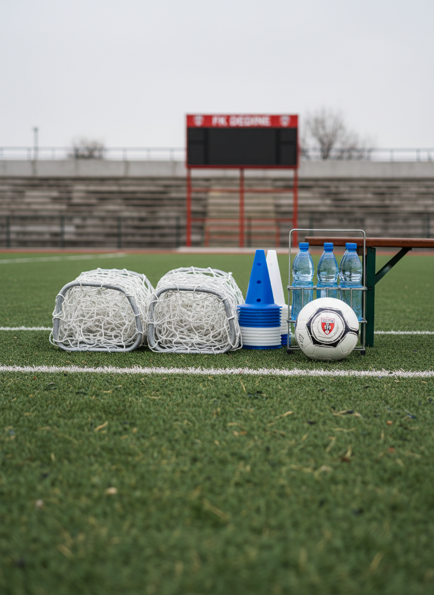 A close-up, photographic realistic scene of a neatly arranged FK Dedinje equipment bench beside the touchline, featuring two well-used white goal nets folded orderly, several blue and white training cones, and a polished match ball resting against a metal water-bottle rack. The artificial turf’s detailed texture fills the foreground, while in the blurred background a scoreboard structure and simple local stands hint at a small Serbian community stadium. Soft overcast daylight provides diffused, even lighting with minimal shadows, creating a calm, professional pre-match mood. Shot at eye level with shallow depth of field, the composition emphasizes readiness and organization for a local club match day.