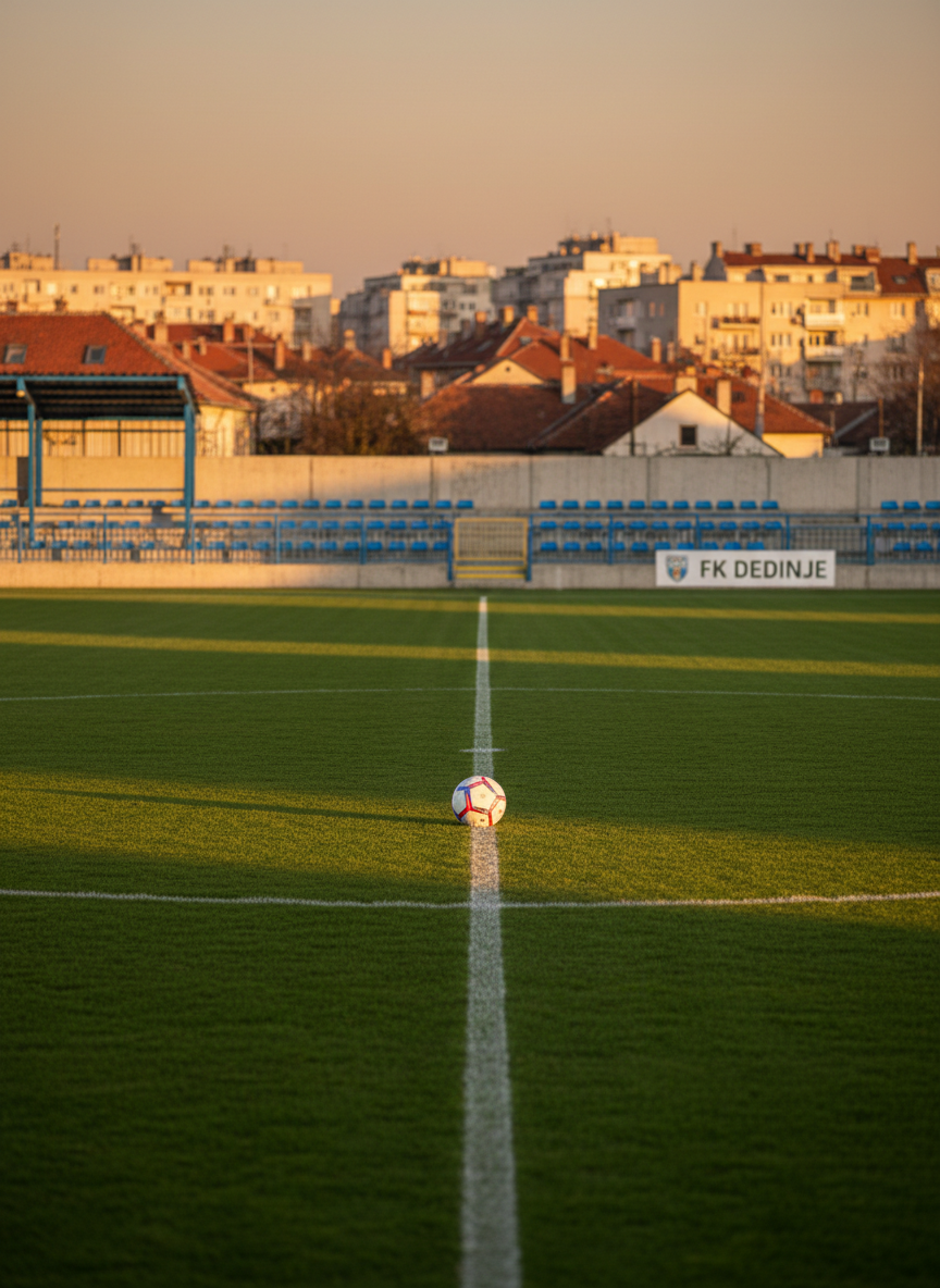 A pristine, modern football pitch in Dedinje, Savski Venac, with lush green grass marked by crisp white lines, seen from a slightly elevated sideline perspective. In the center, a high-quality match ball with subtle red and blue details rests on the center spot, its textured surface clearly visible. The small local stadium surrounds the field with simple metal stands and a distant view of Belgrade’s residential buildings. Late afternoon natural light casts long, soft shadows across the turf, creating a professional yet local atmosphere. Photographic realism, sharp focus on the ball with a gentle bokeh in the background, conveying anticipation before kick-off for FK Dedinje’s next match.