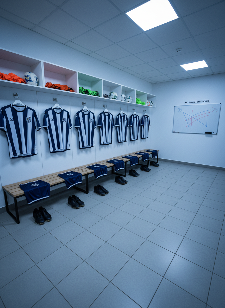 A clean, professional locker room scene for FK Dedinje, photographed with realistic detail. Along one wooden bench, several identical navy-blue and white football jerseys hang neatly on simple metal hooks, each accompanied by matching shorts folded precisely and a pair of polished black boots placed beneath. The tiled floor reflects subtle highlights from cool, overhead fluorescent lighting, creating soft, controlled shadows. On a side shelf rest neatly stacked training bibs, balls, and a whiteboard with non-readable tactical markings. Shot from a slightly elevated corner perspective with sharp focus throughout, the composition conveys organization, club identity, and preparation before an important home game in a local Serbian league.
