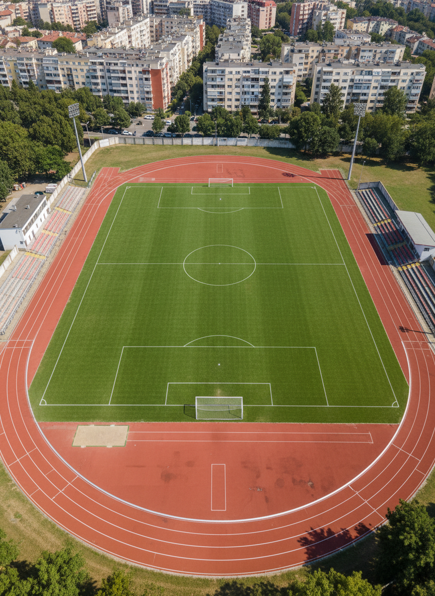 A high-angle, photographic overview of FK Dedinje’s home ground on a clear day, showing the full rectangular pitch surrounded by a running track and small metal bleachers. The vibrant green of the playing surface contrasts with the muted reds and grays of the track and stands, while simple goalposts with taut white nets anchor each end. In the distance, mid-rise residential buildings and tree-lined streets of Dedinje suggest the urban Belgrade context. Bright midday sunlight creates crisp, short shadows and reveals every line and texture on the field. The composition is balanced and documentary in style, ideal for a fixtures and results page, conveying professionalism within a local community setting.