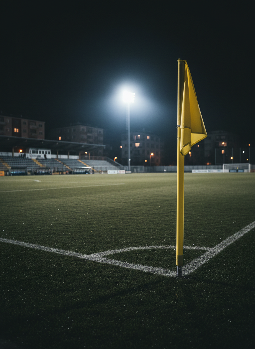 A dramatic photographic image of a floodlit FK Dedinje home pitch at night, captured from a low angle near the corner flag. The bright yellow corner flag, slightly fluttering, dominates the foreground next to the sharply painted white corner arc on dark, slightly damp grass. Powerful stadium lights bathe the field in cool white light, creating strong contrasts and crisp highlights on the glistening turf, while the modest metal stands and surrounding Dedinje neighborhood buildings fade into a soft, atmospheric darkness. The composition follows the rule of thirds, with deep depth of field to keep the entire pitch in sharp focus, evoking intensity and competitive energy of an evening league match.